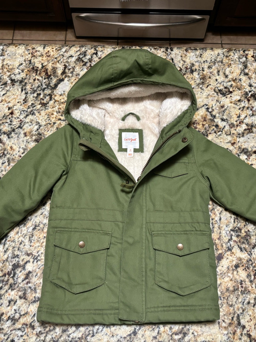 Cat & Jack Olive Green Hooded Parka with Faux-Sherpa Lining